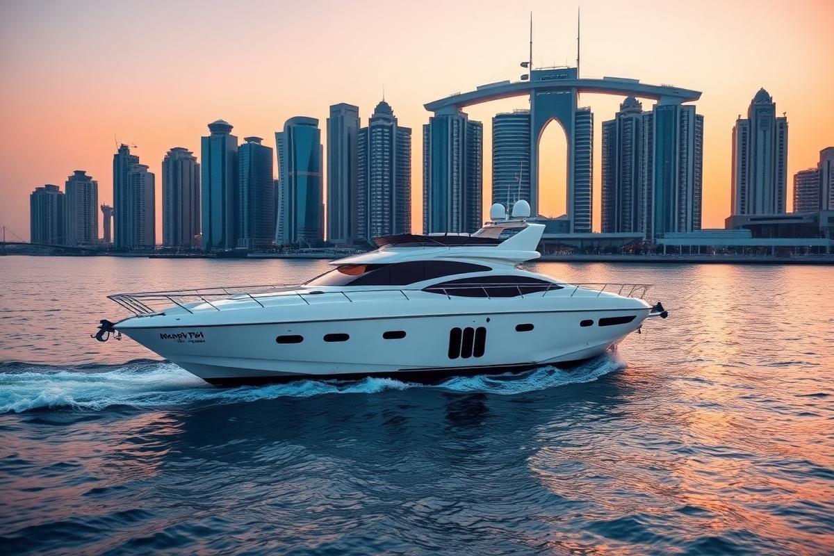 Private yacht cruising past the Dubai Marina skyline